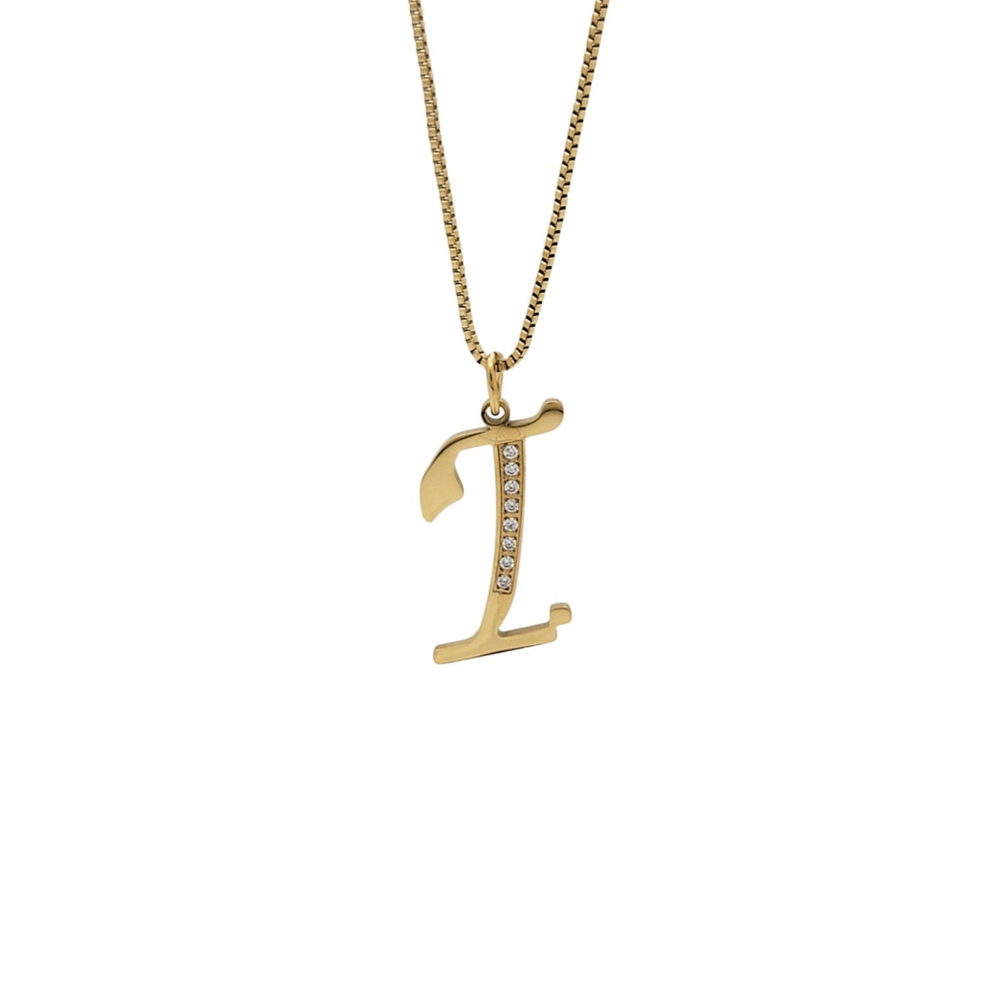 Gold necklace with a letter 'I' pendant on a white background