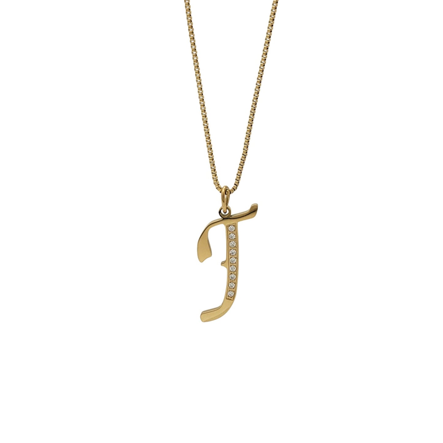 Gold necklace with a letter 'J' pendant on a white background