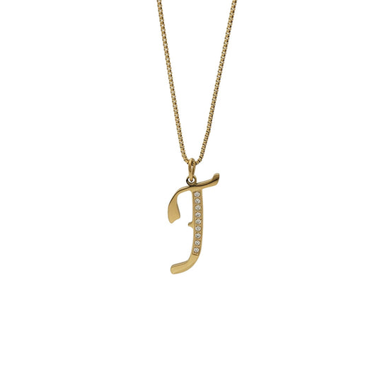 Gold necklace with a letter 'J' pendant on a white background