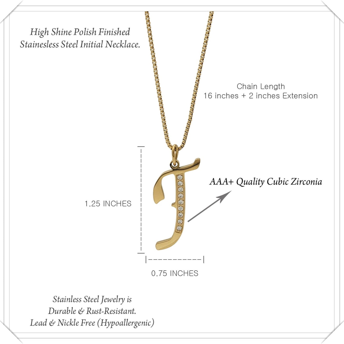 Gold necklace with letter 'J' pendant on a white background