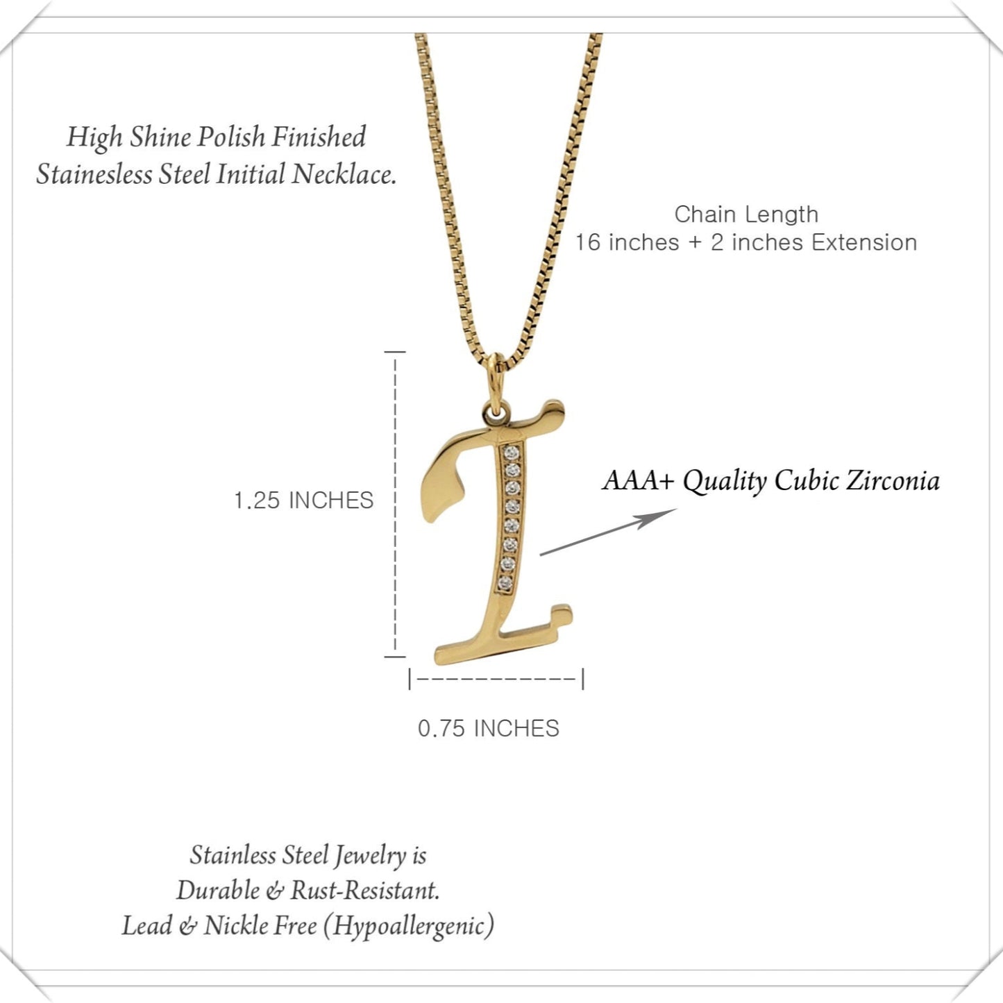 Gold necklace with letter 'I' pendant on a white background