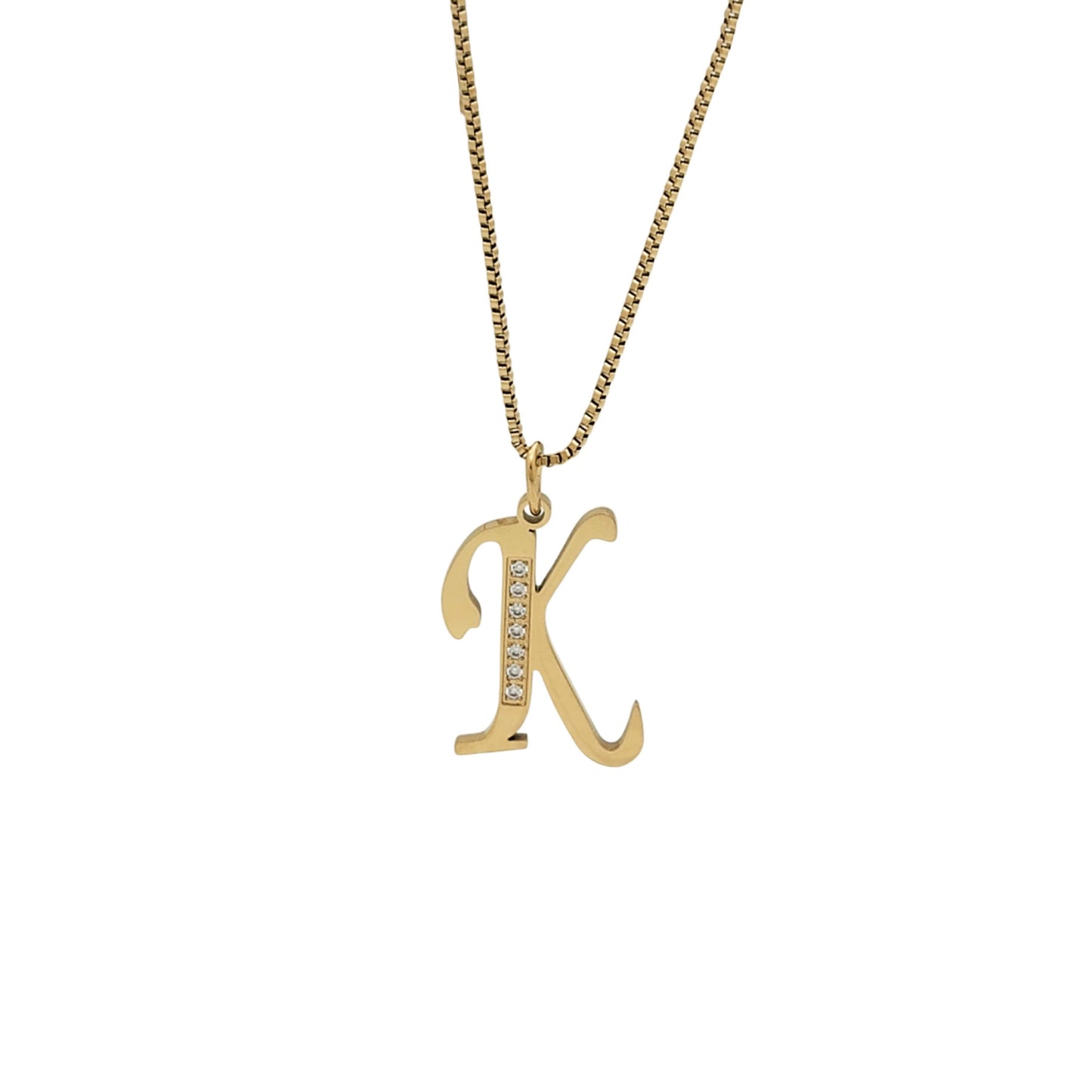 Gold necklace with a 'K' pendant on a white background