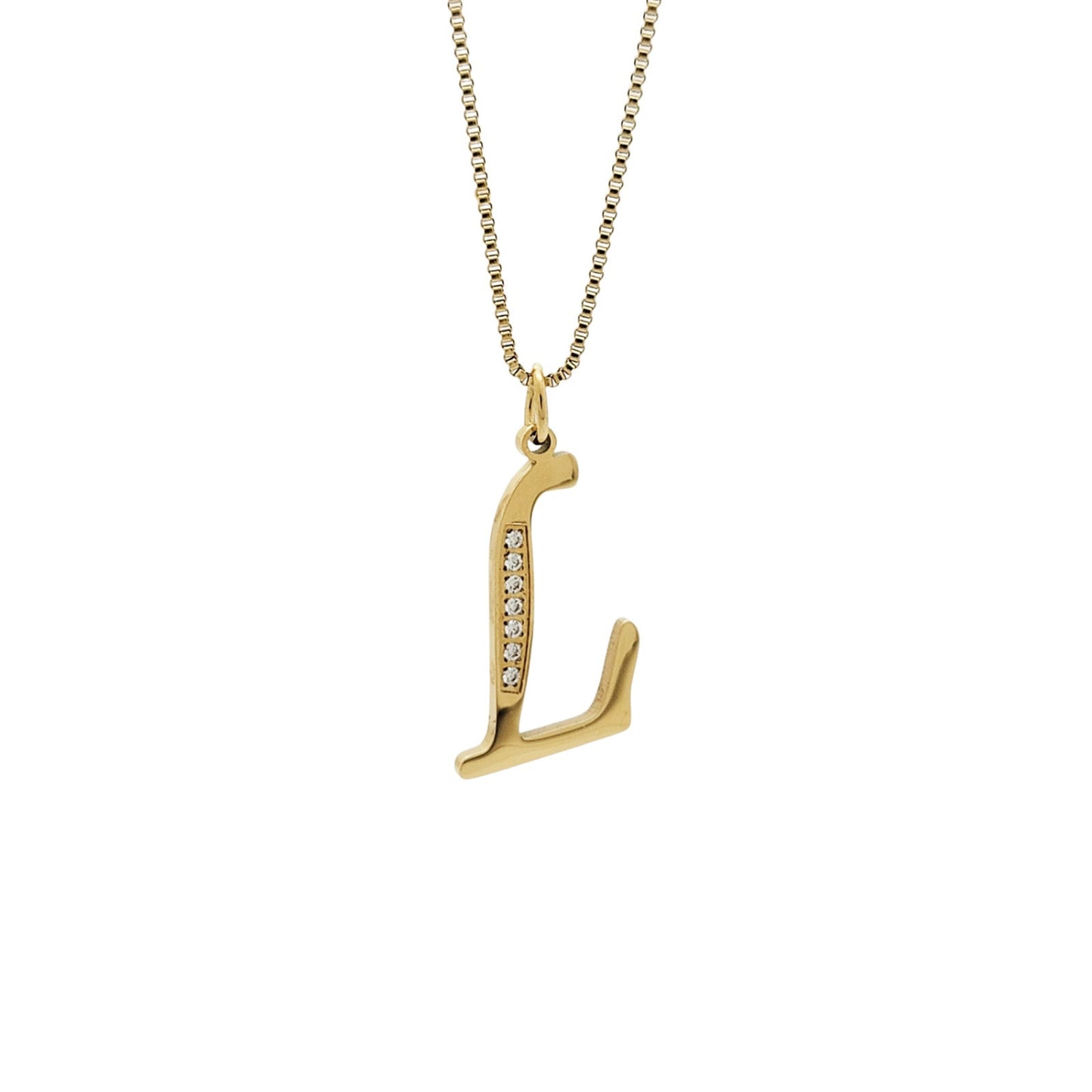 Gold necklace with a 'L' pendant on a white background
