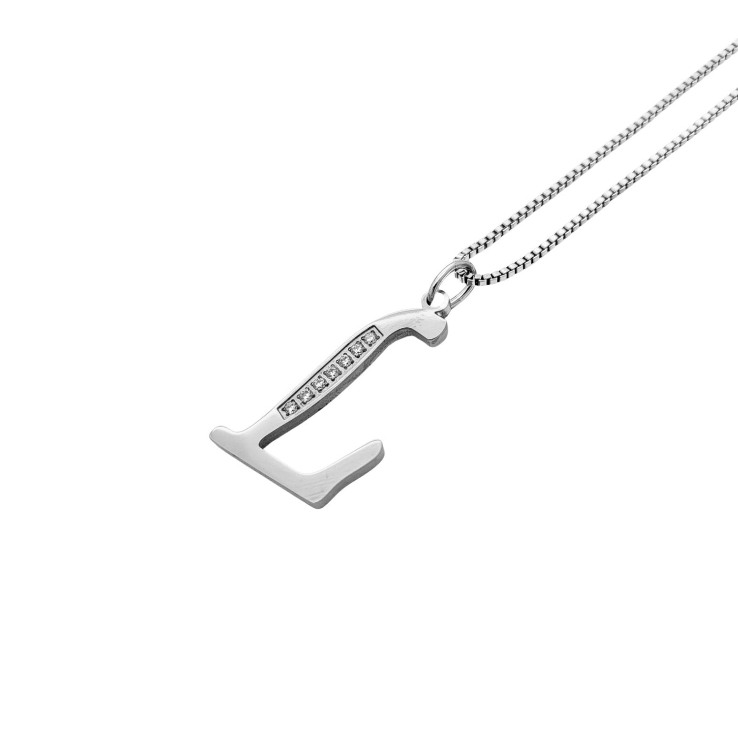 Silver L necklace with a unique pendant on a white background