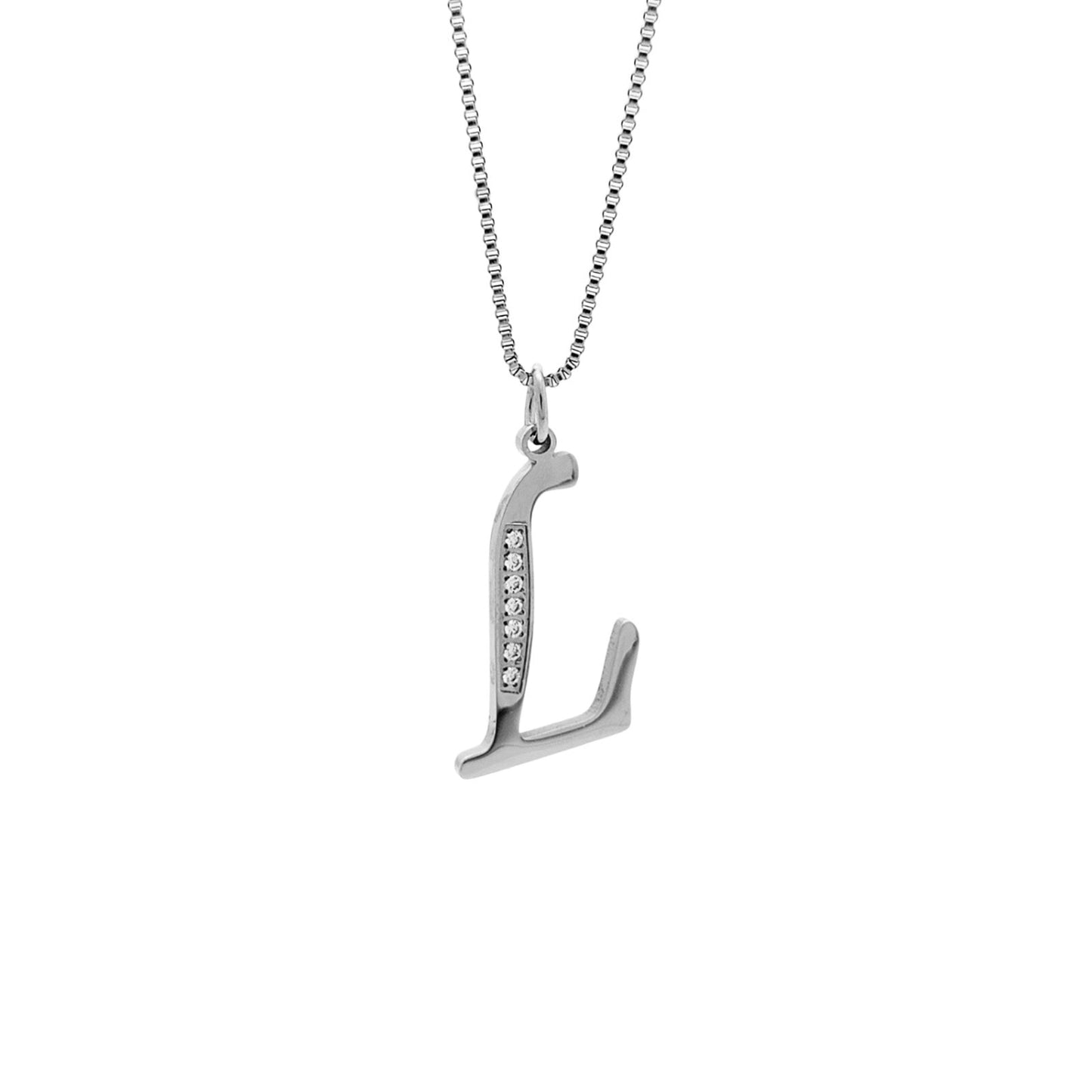 Silver necklace with a 'L' shaped pendant on a white background