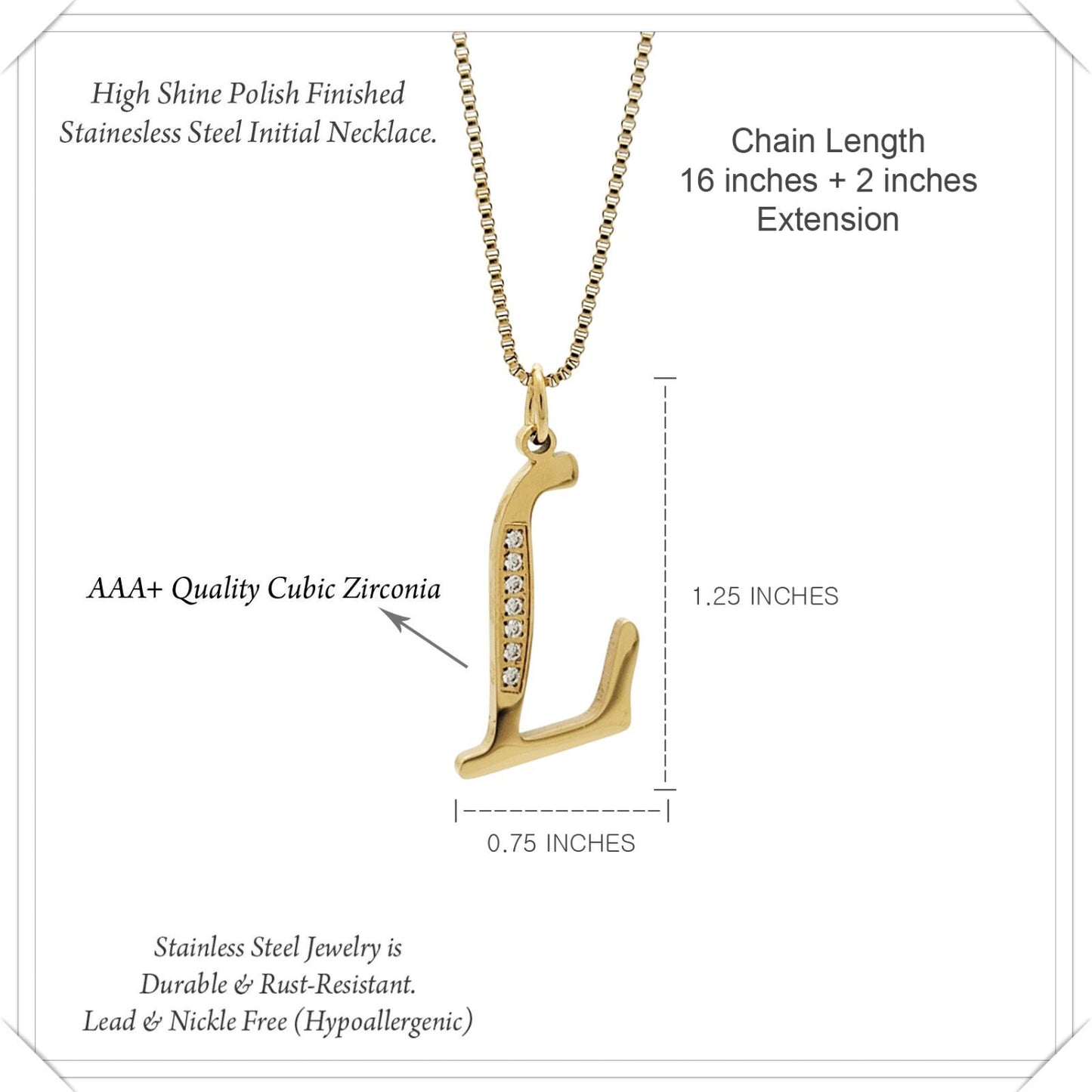Gold necklace with letter 'L' pendant and product details on a white background