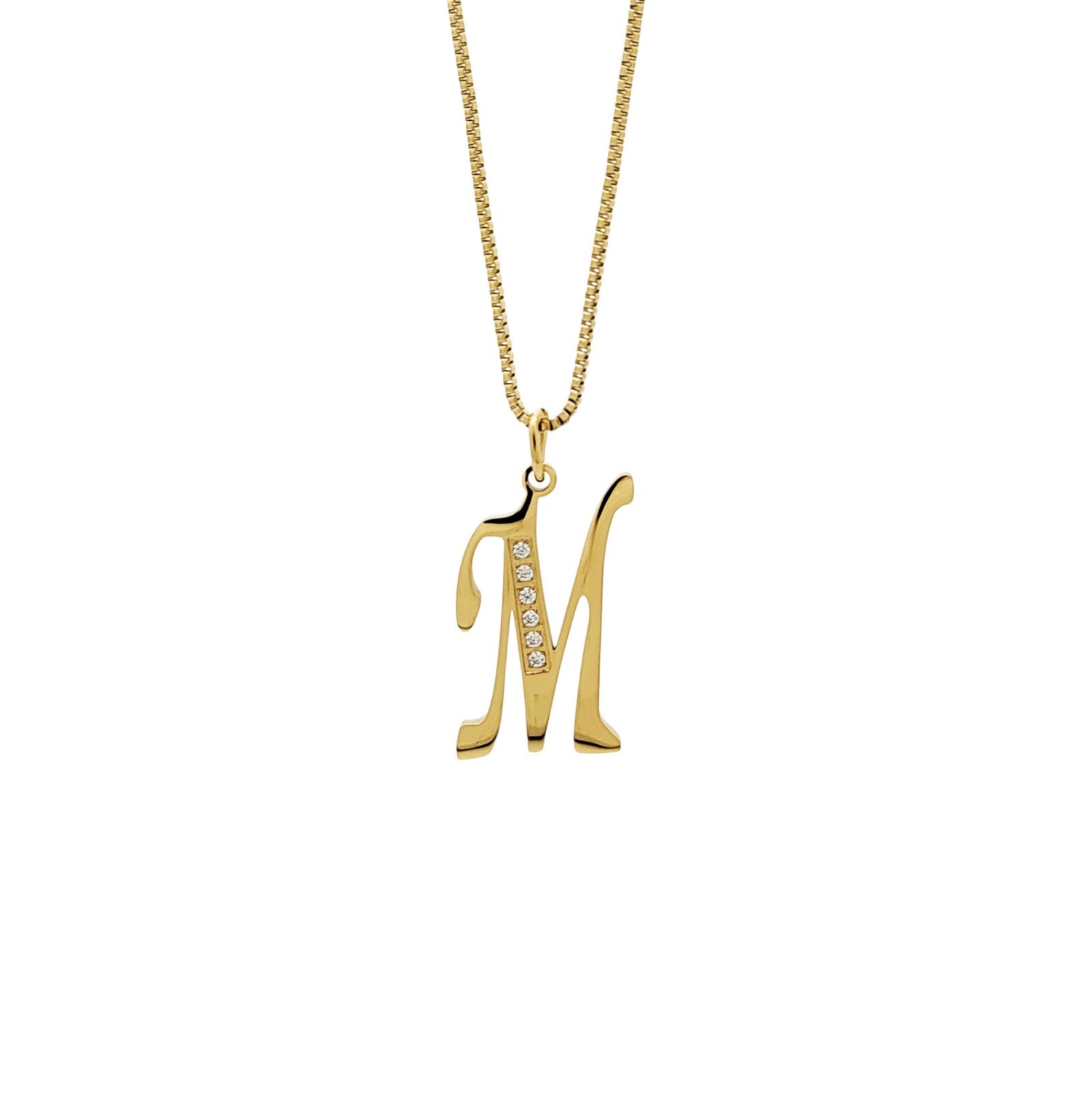 Gold necklace with a 'M' pendant on a white background
