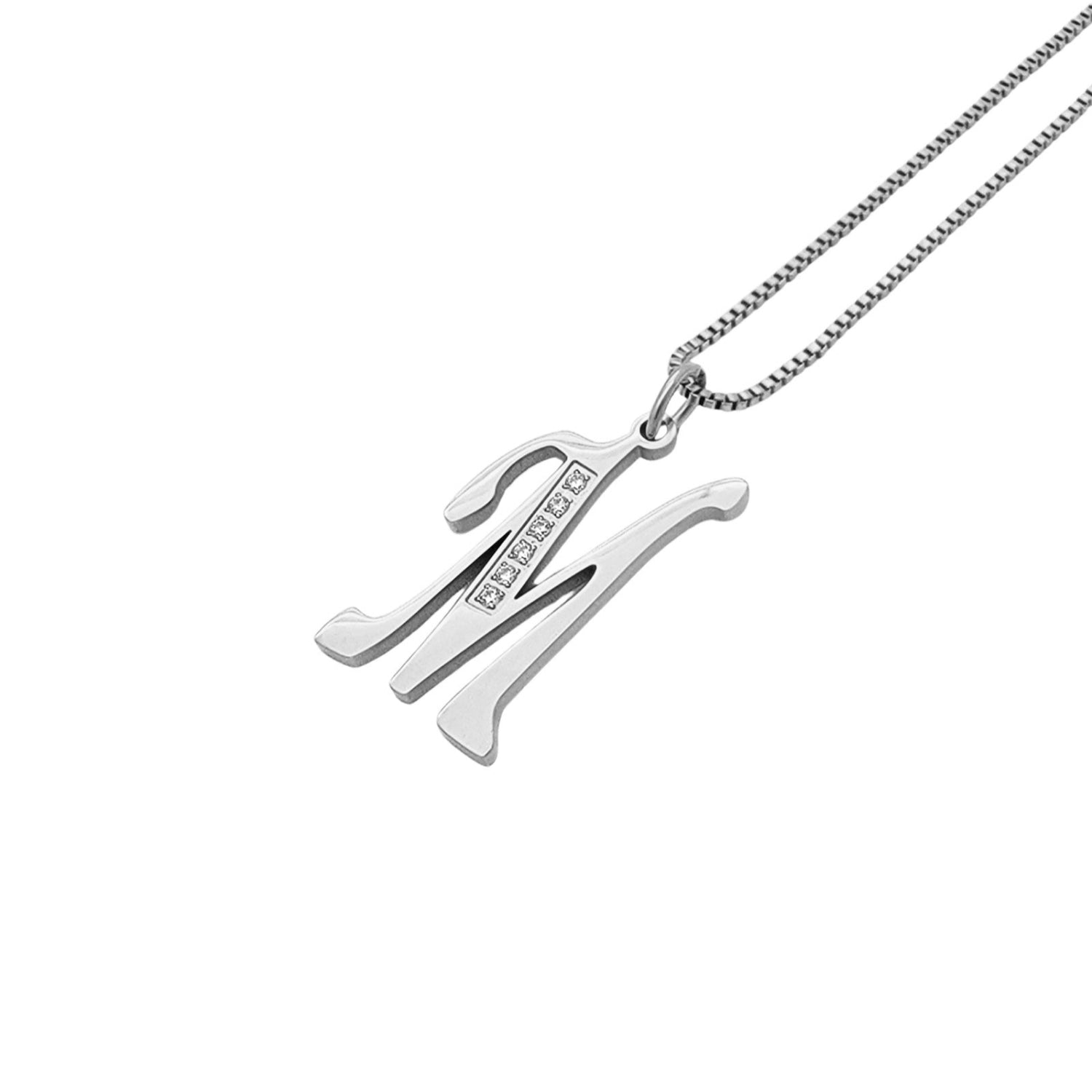 Silver M necklace with a unique pendant on a white background