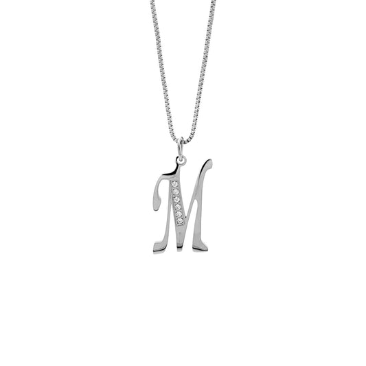 Silver necklace with a 'M' pendant on a white background