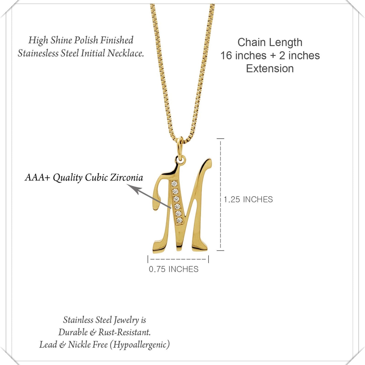 Gold necklace with 'M' pendant and zirconia stones, labeled with product details.