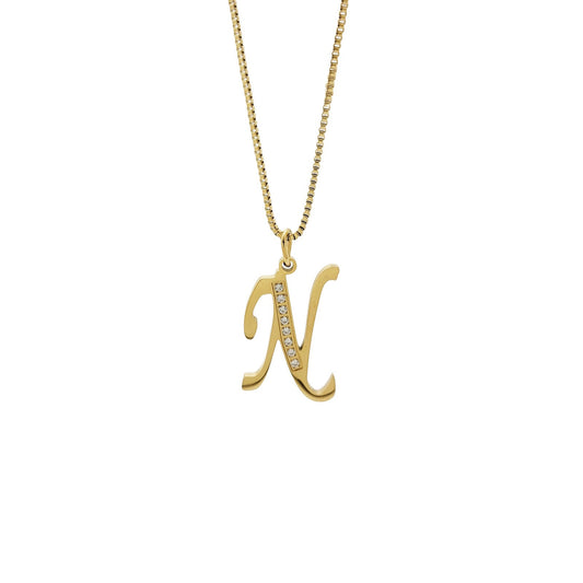 Gold necklace with a 'N' pendant on a white background