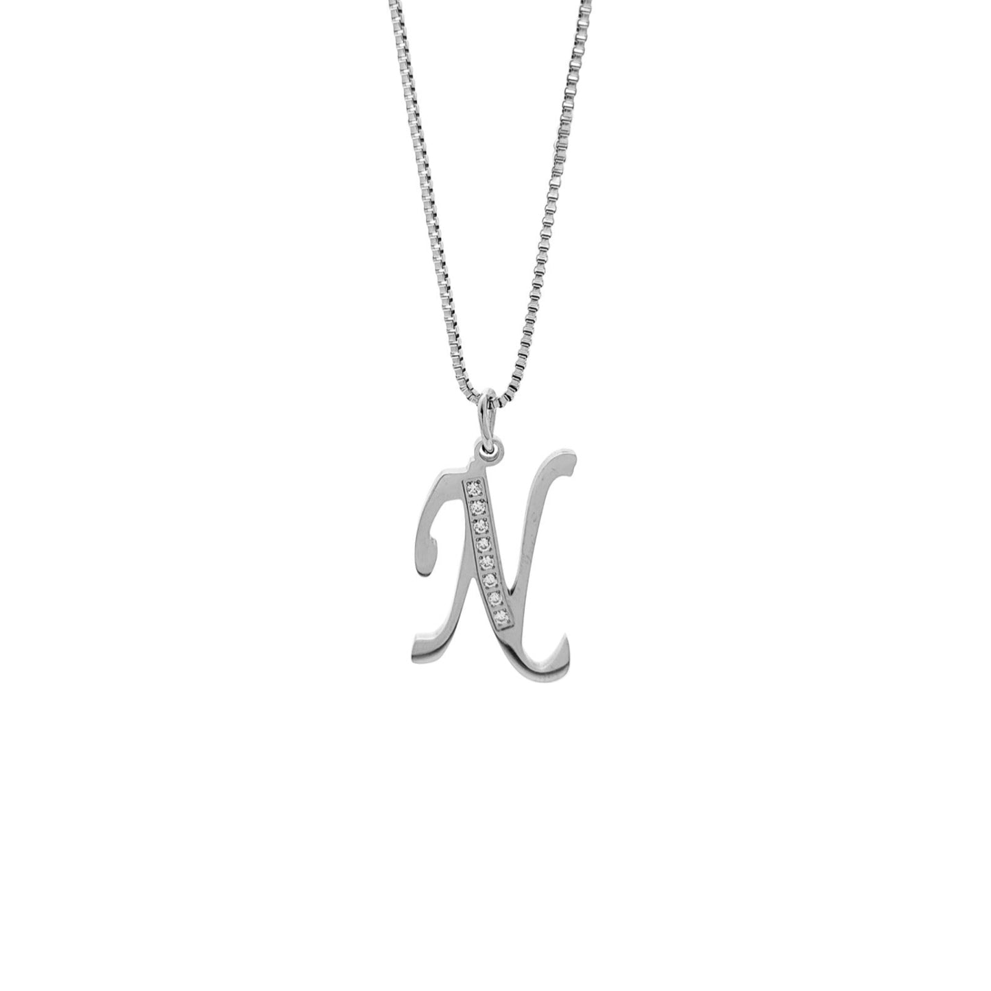 Silver necklace with a 'N' pendant on a white background