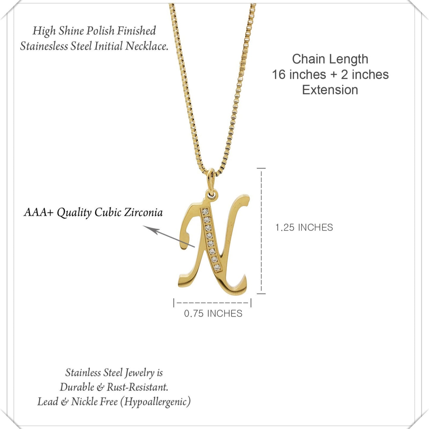 Gold necklace with 'N' pendant and product details on a white background