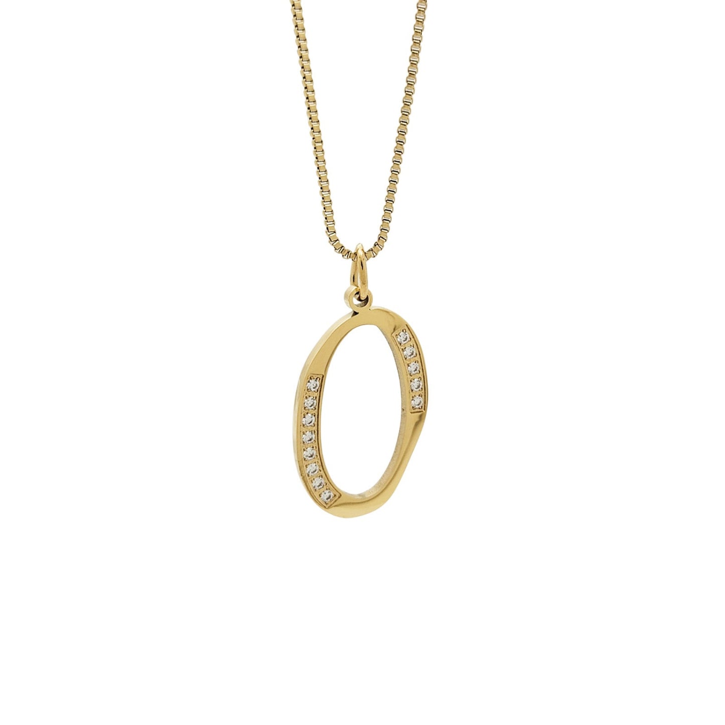 Gold necklace with an O pendant on a white background