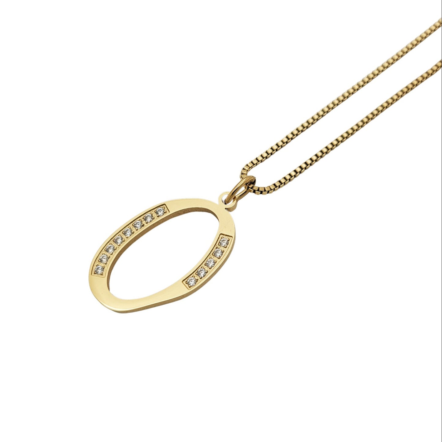 Gold necklace with an O pendant on a white background