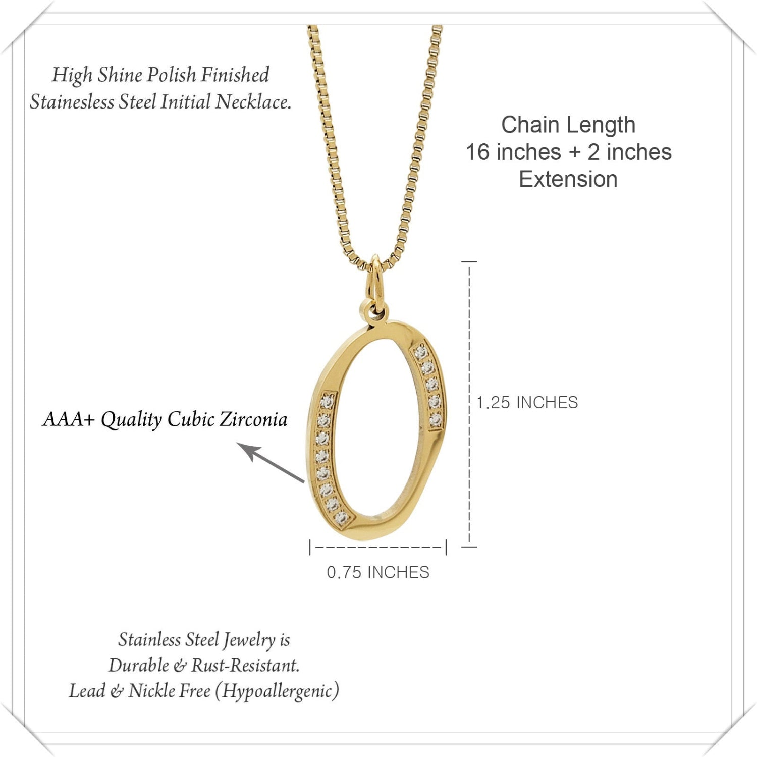Gold necklace with O pendant and cubic zirconia stones, labeled with dimensions and material details.