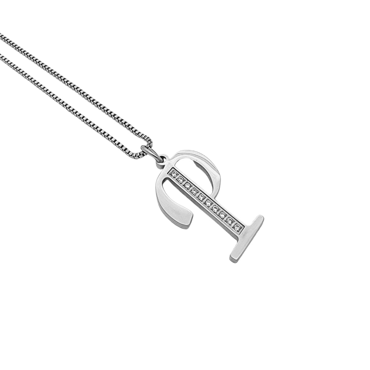 Silver P necklace with a unique pendant on a white background