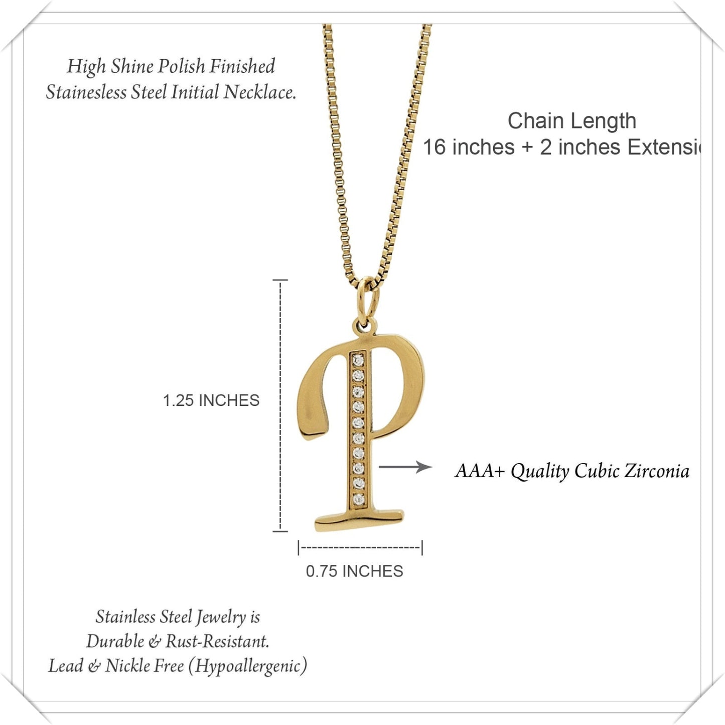 Gold necklace with 'P' pendant and measurement details on a white background
