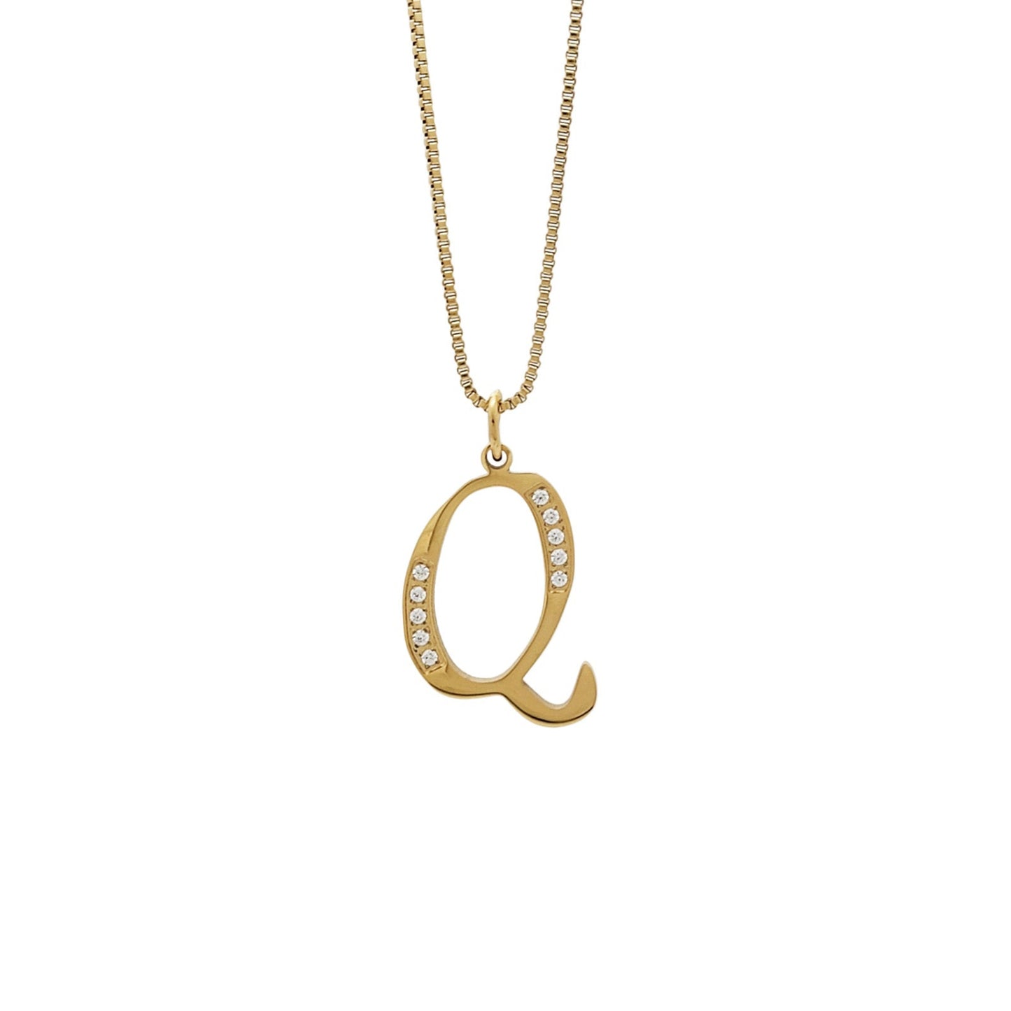 Gold necklace with a letter 'Q' pendant on a white background