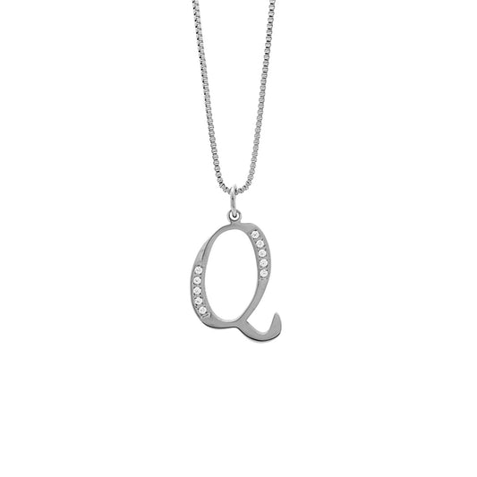 Silver necklace with a letter 'Q' pendant on a white background