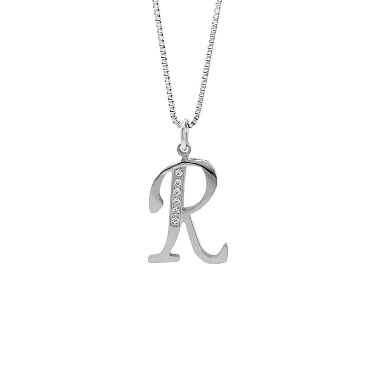 Silver necklace with a 'R' pendant on a white background