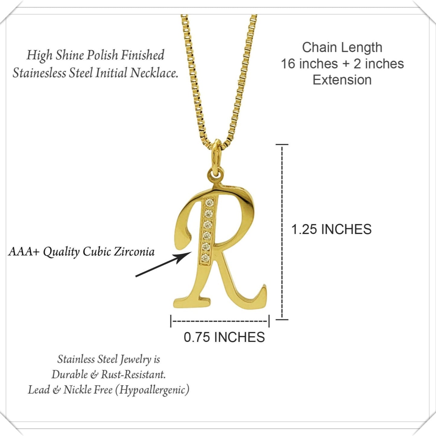 Gold necklace with 'R' pendant and product details on a white background