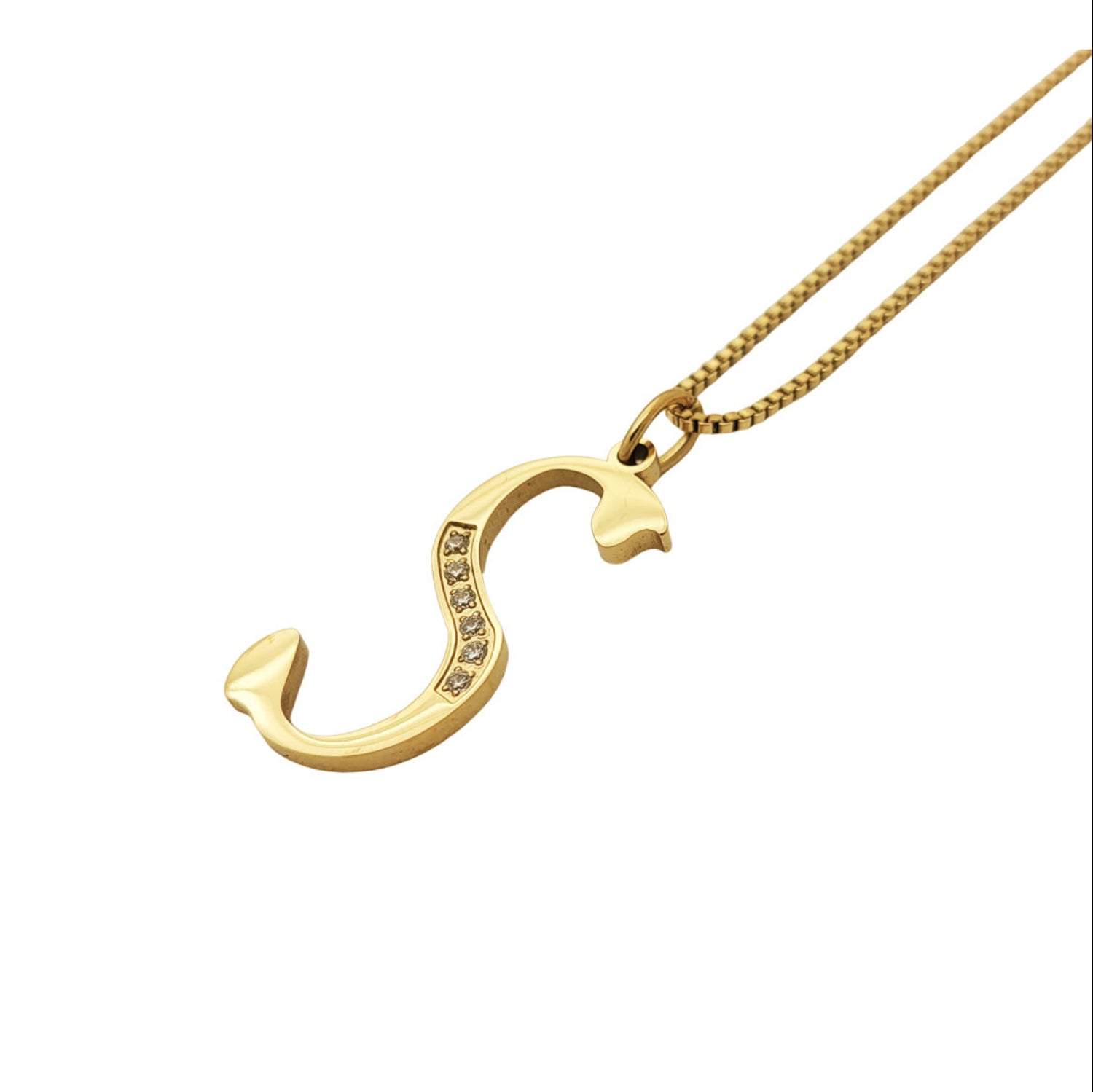 Gold necklace with a 'S' pendant on a white background