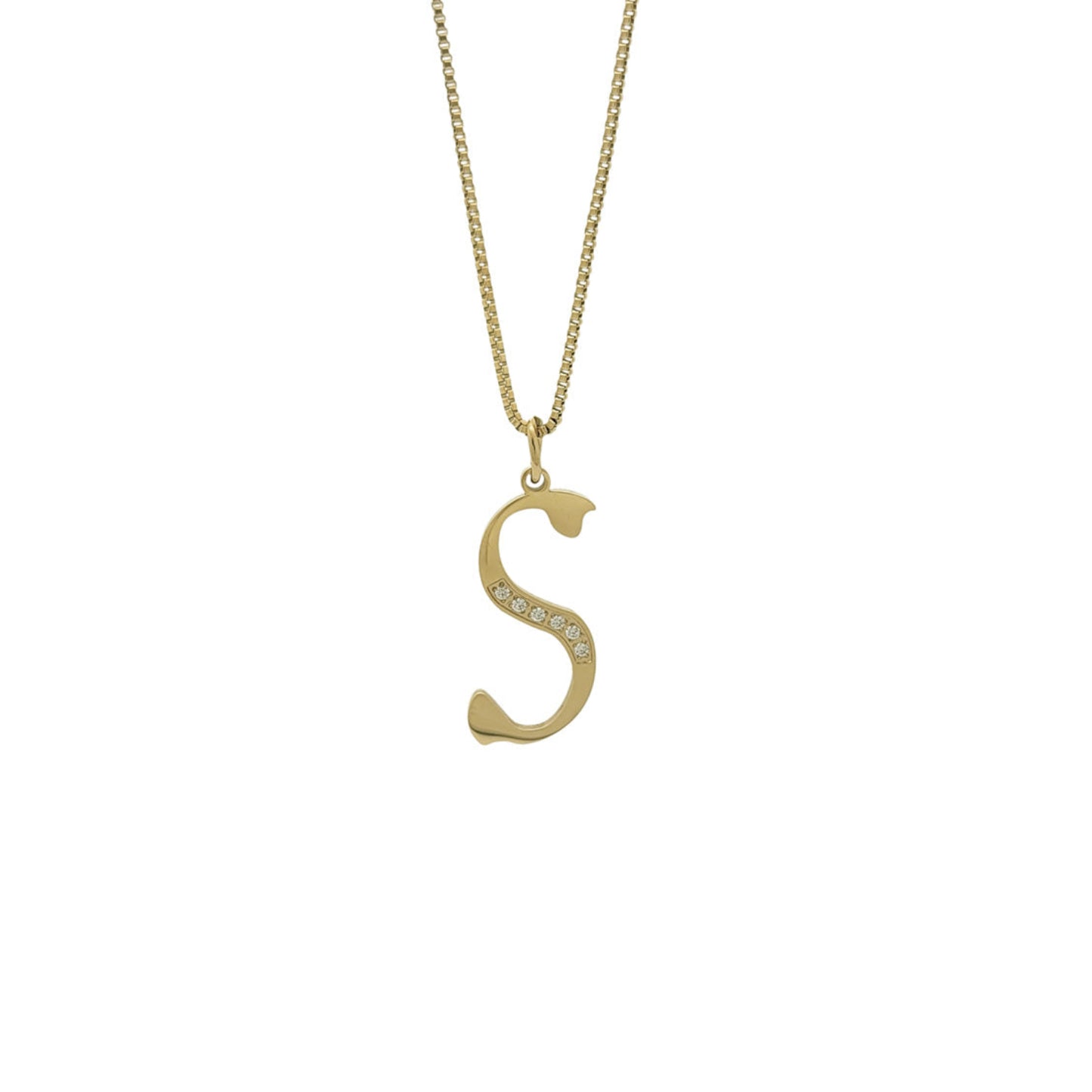 Gold necklace with a 'S' pendant on a white background