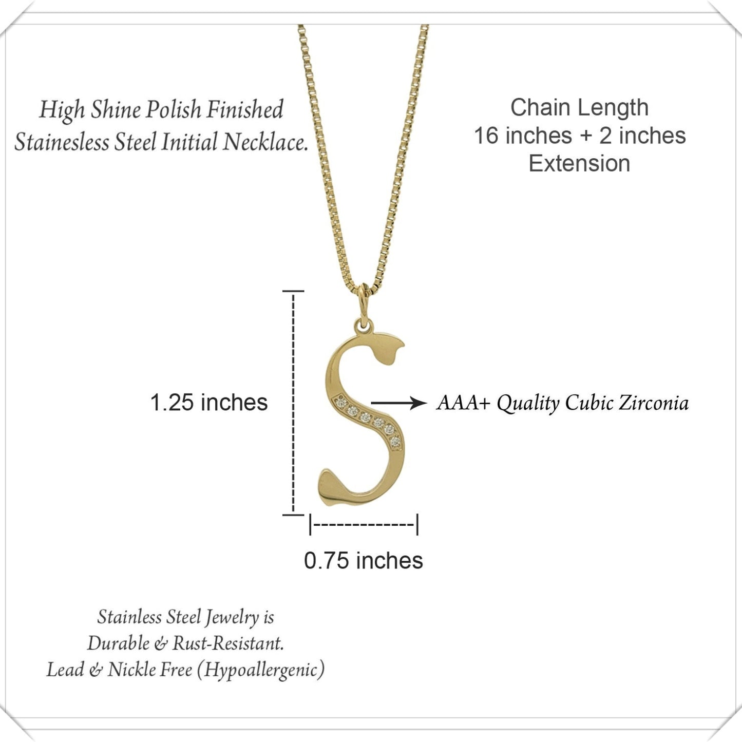 Gold necklace with 'S' pendant and product details on a white background