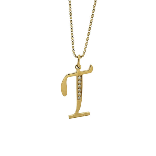Gold necklace with a letter 'T' pendant on a white background