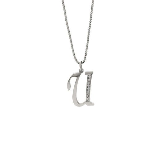 Silver necklace with a 'U' shaped pendant on a white background