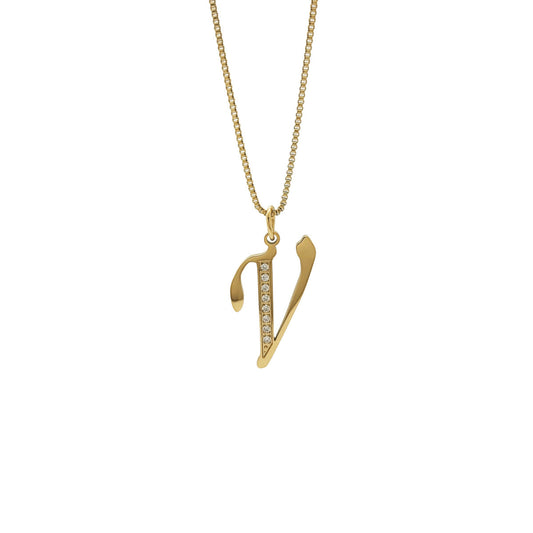 Gold necklace with a 'V' pendant on a white background