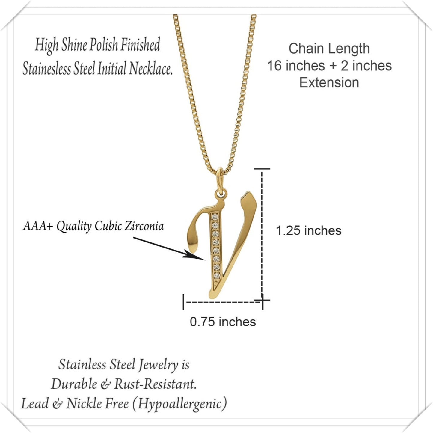 Gold necklace with 'V' pendant and product details on a white background