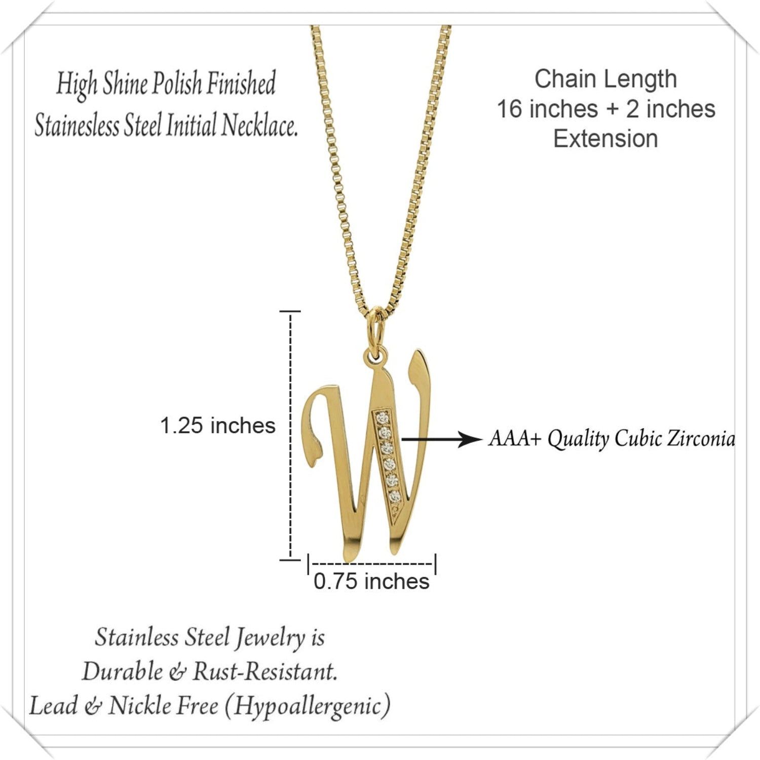 Gold necklace with 'W' pendant and zirconia stones, labeled with dimensions and material details.
