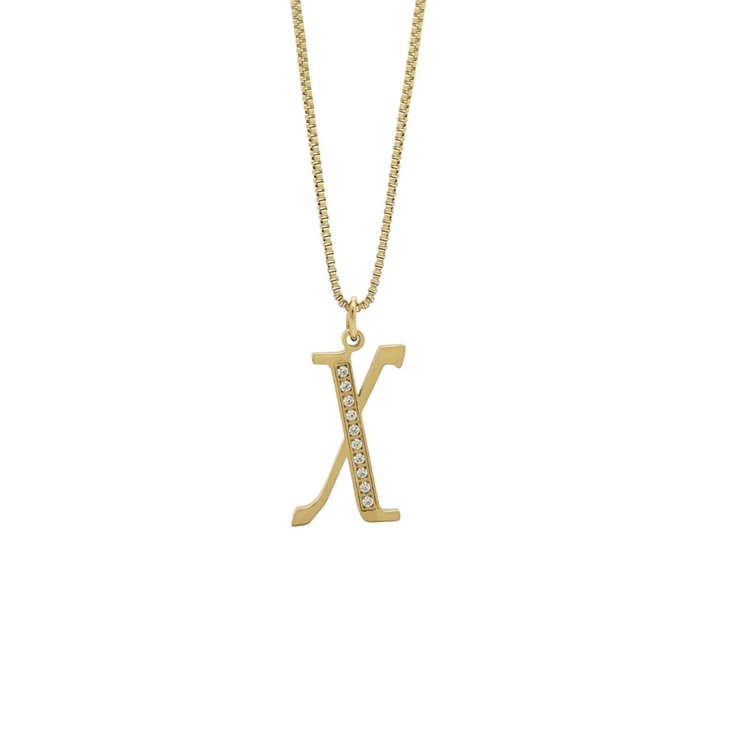 Gold necklace with a 'X' pendant on a white background