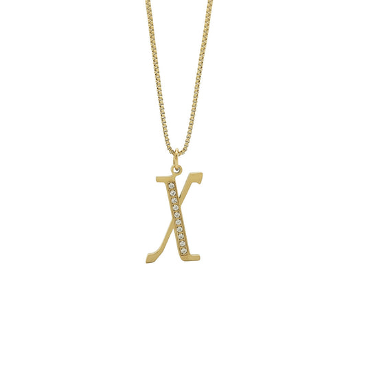 Gold necklace with a 'X' pendant on a white background