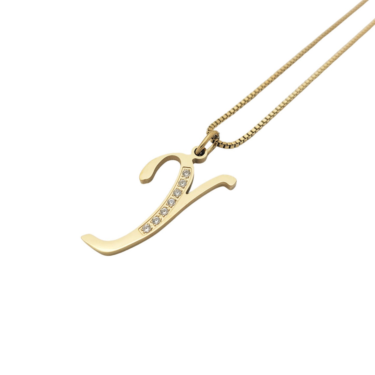 Gold necklace with a 'Y' pendant on a white background