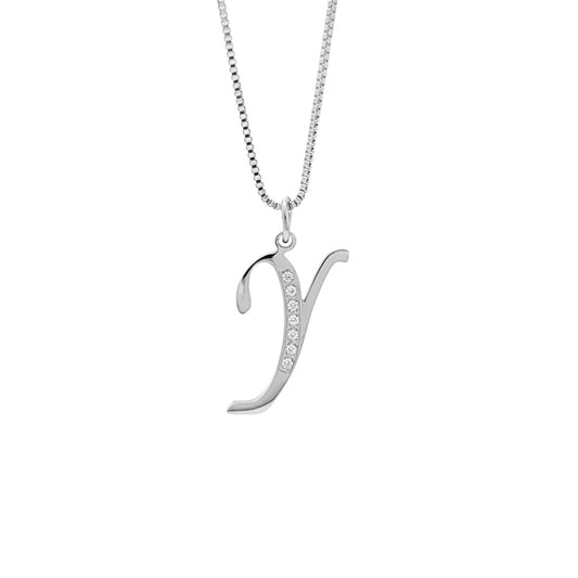 Silver necklace with a Y pendant on a white background