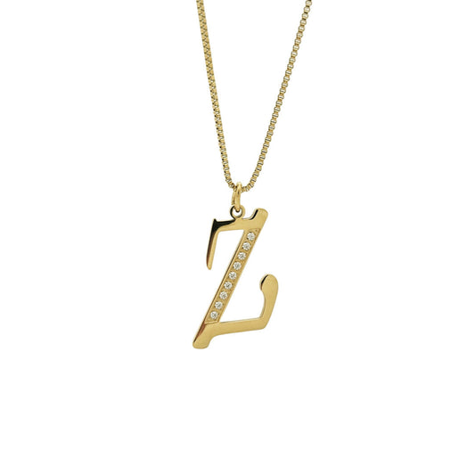 Gold necklace with a 'Z' pendant on a white background