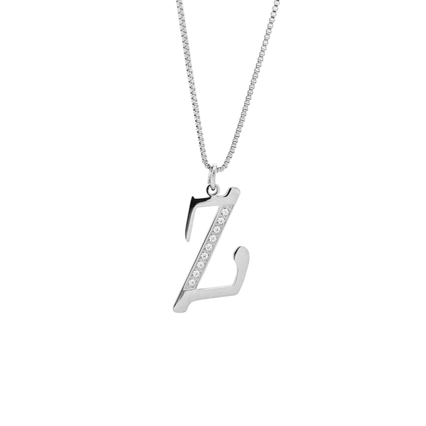 Silver necklace with a 'Z' pendant on a white background