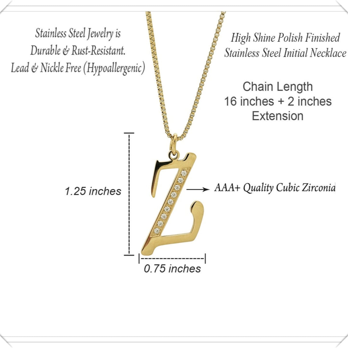Gold necklace with 'Z' pendant and product details on a white background