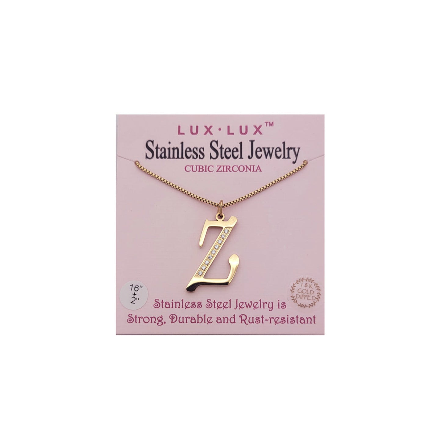 Gold necklace with 'Z' pendant on a  card