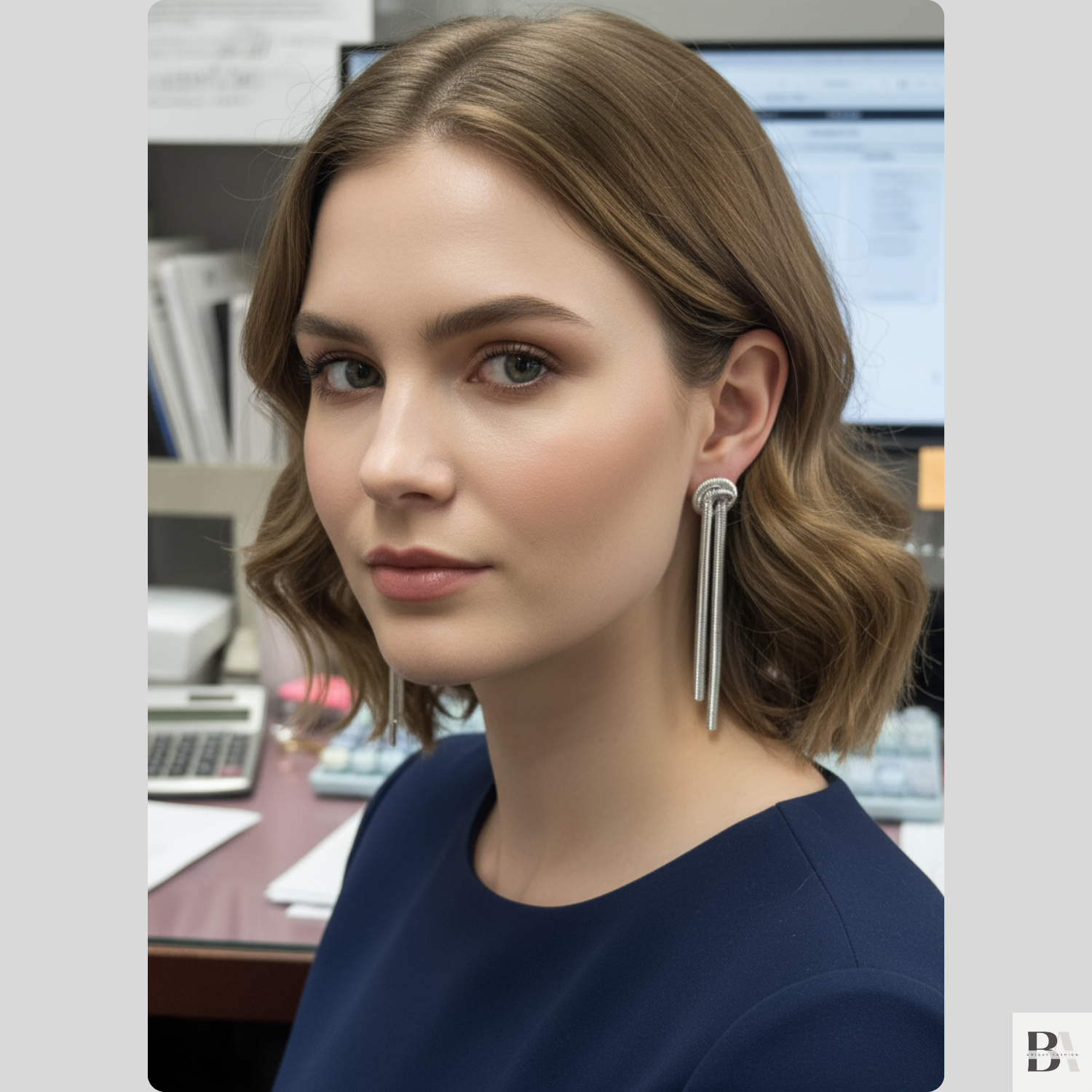Woman wearing a blue top and silver earrings in an office setting