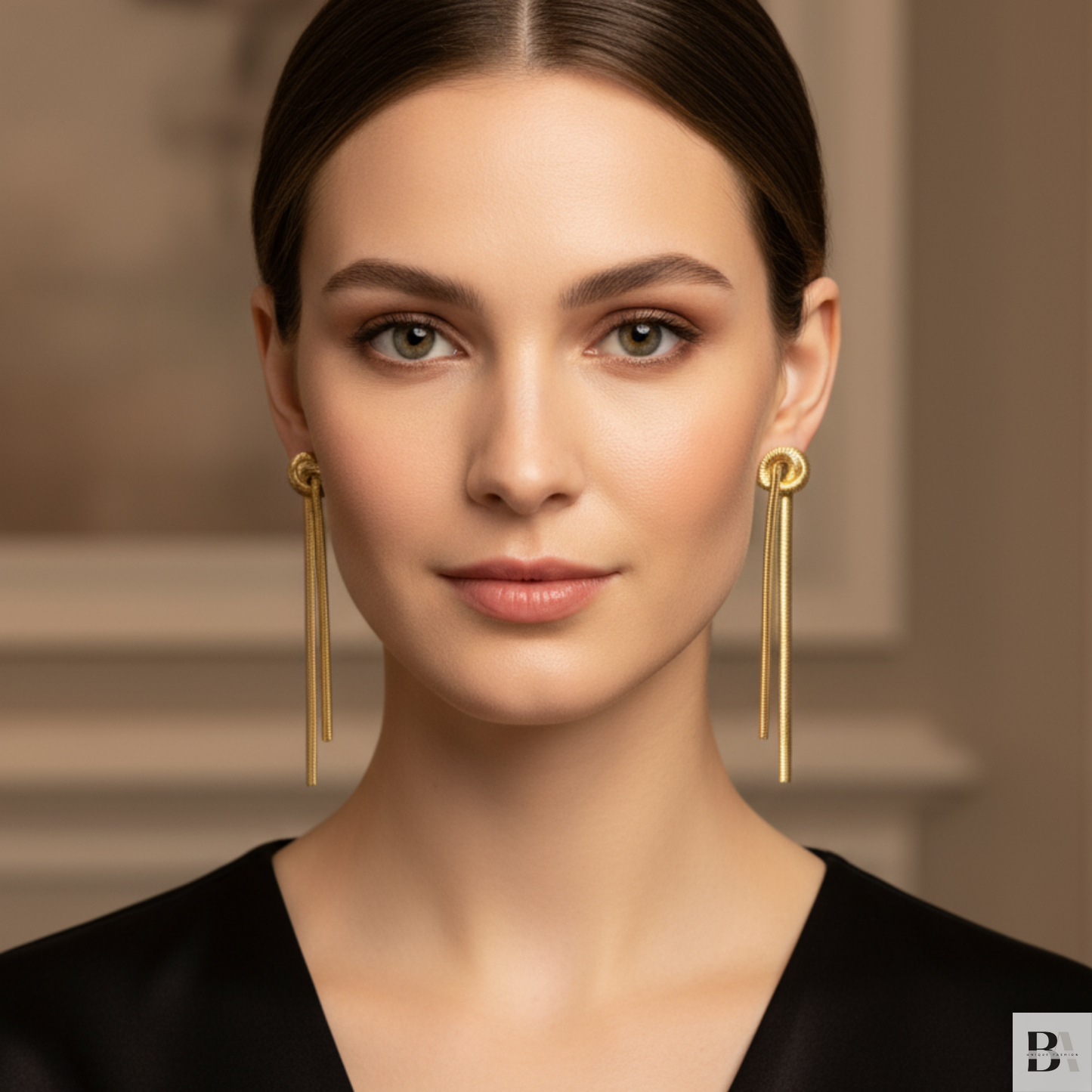 Woman wearing gold earrings with a neutral background