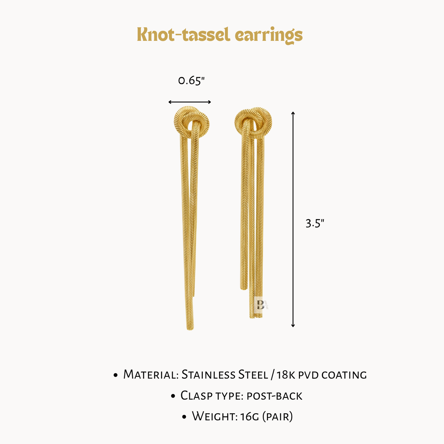Gold knot-tassel earrings with measurements and material details on a white background