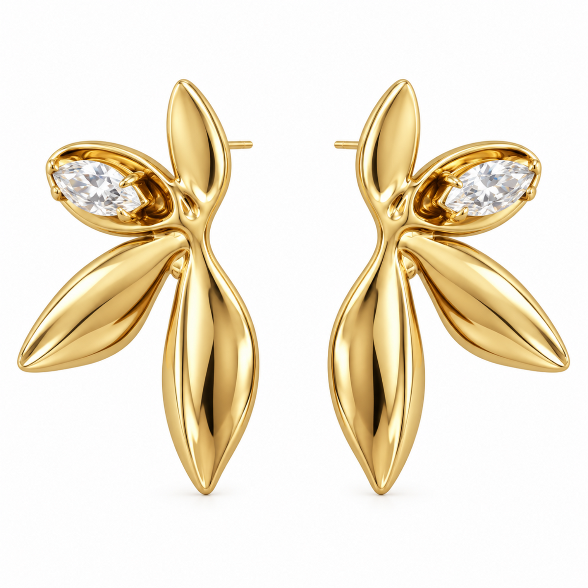 Stainless Steel Leaf Cubic Zircon Accent Earring in White background