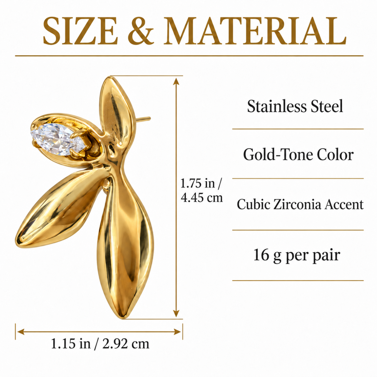Showing Stainless steel leaf earring's size and material