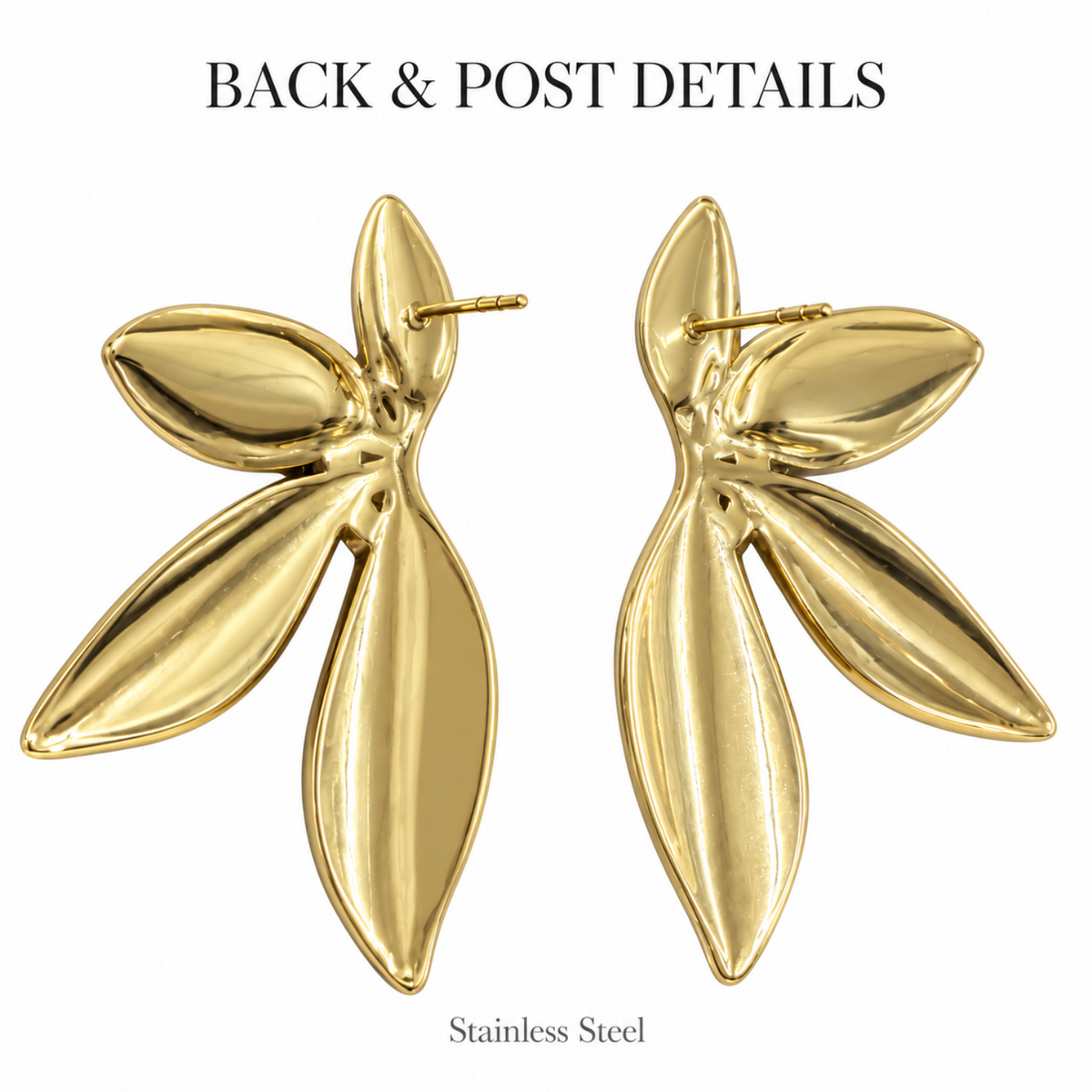 Showing stainless steel leaf earring's back and post detail in white background. 
