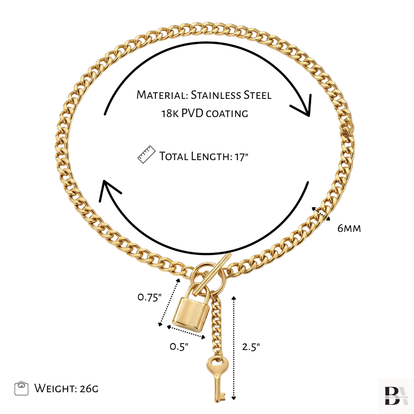 Gold chain bracelet with lock and key charms, labeled with material, length, and dimensions.