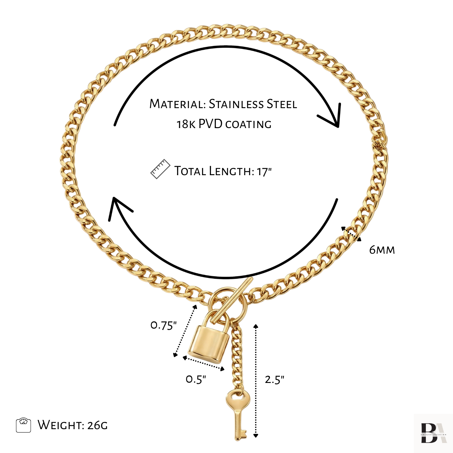 Gold chain bracelet with lock and key charms, labeled with material, length, and dimensions.